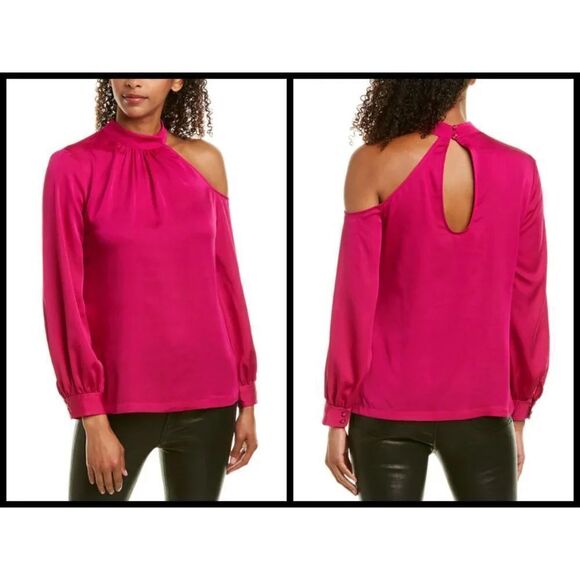 💕TRINA TURK💕 Negroni Top Magenta XS NWT Blouse Satin Georgette One-Shoulder - Picture 4 of 12